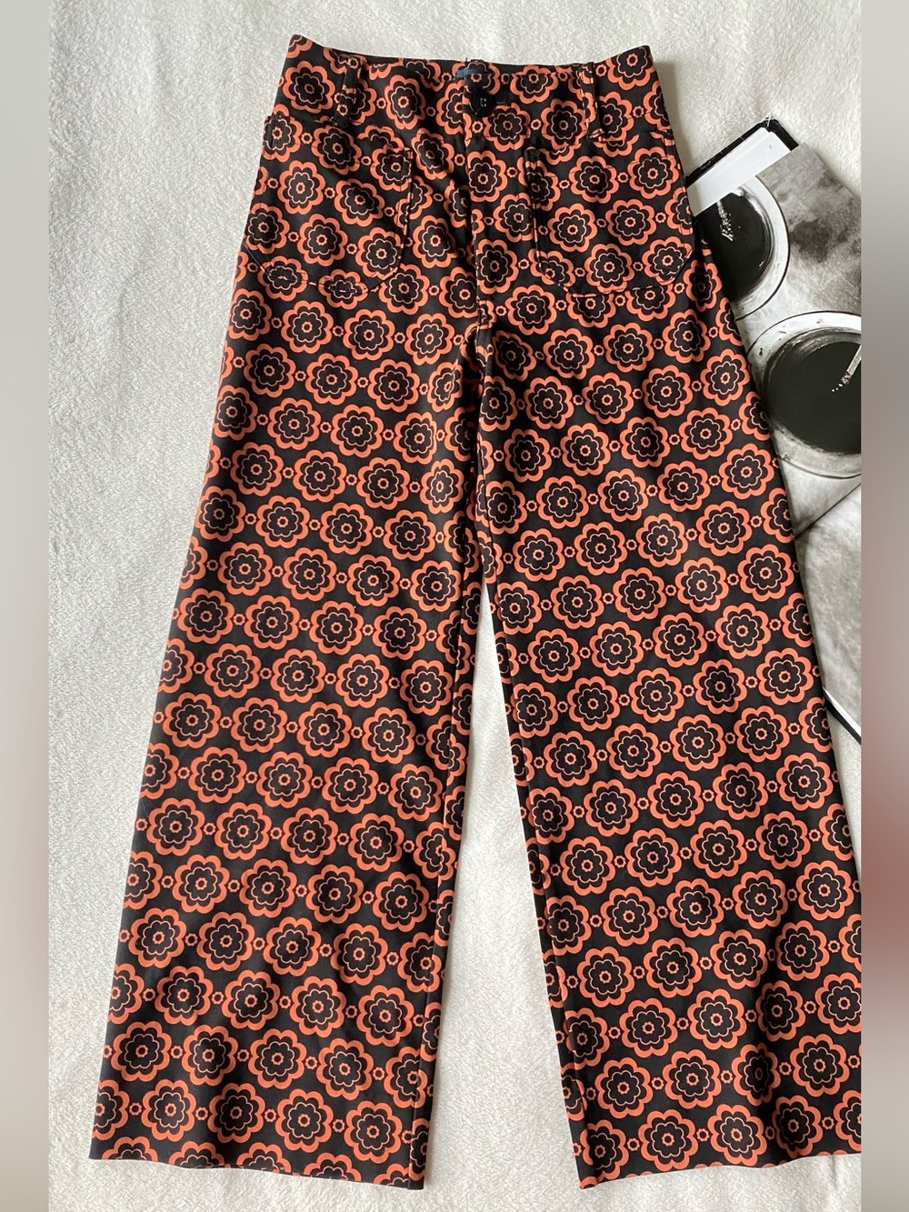 Anthropologie Maeve The Colette Wide-Leg Ponte Pants Black Orange MedallionSz 26 - Picture 9 of 16